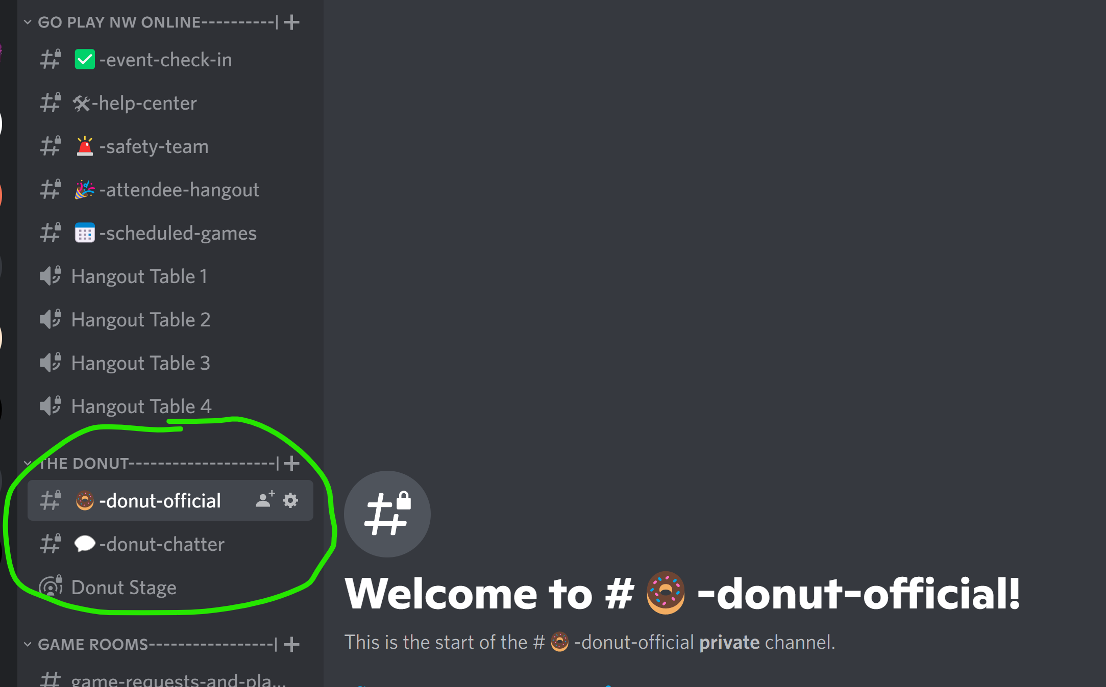 Screenshot of Go Play NW discord server with the Donut Category highlighted