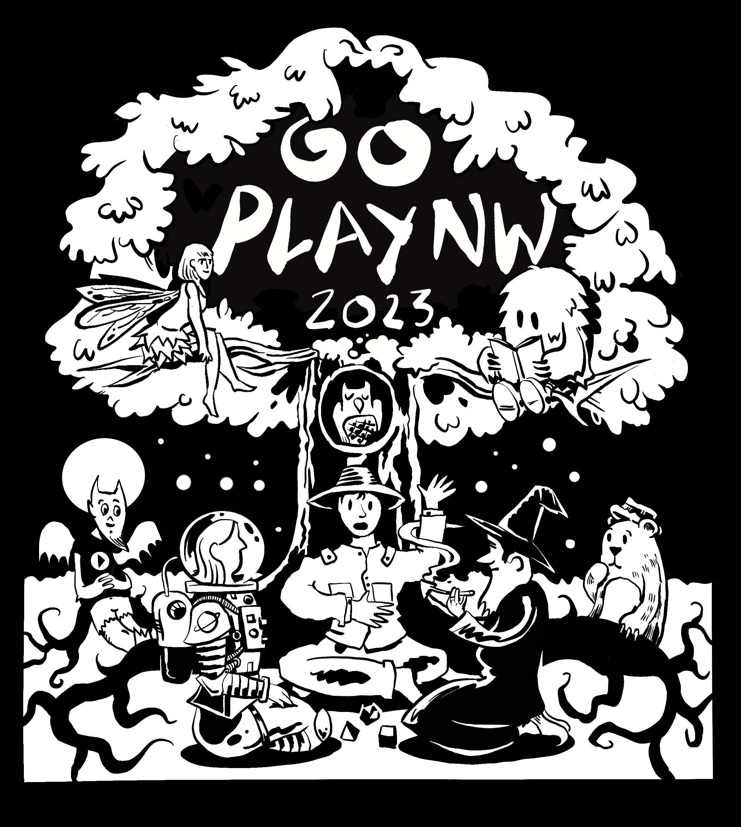 Three people gather beneath a tree to play a role-playing game—an astronaut and a wizard, with a forest ranger speaking to them. A devil with a Go Play shirt and a Honey Heist bear look on, while above them in the tree sit a fairy and Go Play NW’s mascot monster Go, reading a book.